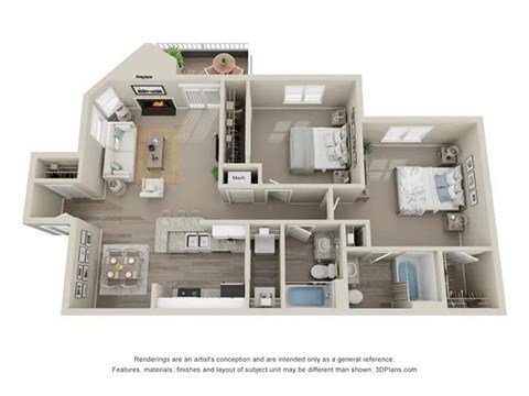 A 3D floor plan of a house with a kitchen, living room, and bathrooms.